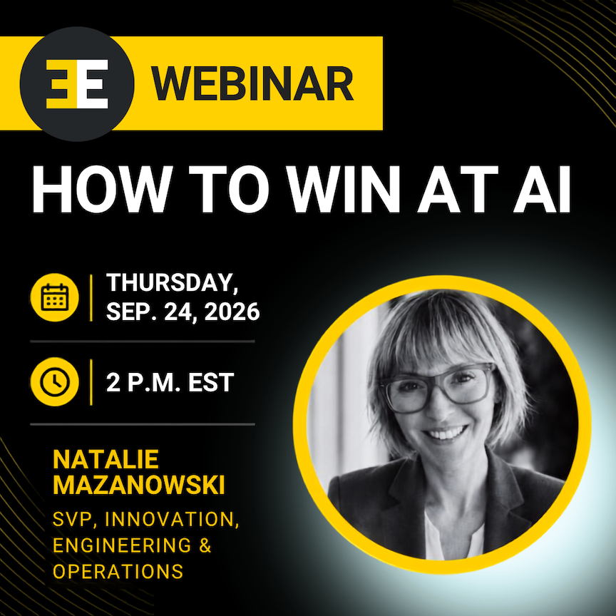 A black and yellow promotional graphic for a webinar titled "HOW TO WIN AT AI". Top Left: A yellow banner with an "3E" logo in a black circle alongside the text "WEBINAR". Main Title: Large white text reading "HOW TO WIN AT AI". Event Details: Calendar icon next to "THURSDAY, SEP. 24, 2026". Clock icon next to "2 P.M. EST". Speaker Info: Text in yellow and white reading "NATALIE MAZANOWSKI, SVP, INNOVATION, ENGINEERING & OPERATIONS". Right Side: A black-and-white headshot of Natalie Mazanowski, a smiling woman with glasses and short hair, framed inside a yellow circle.