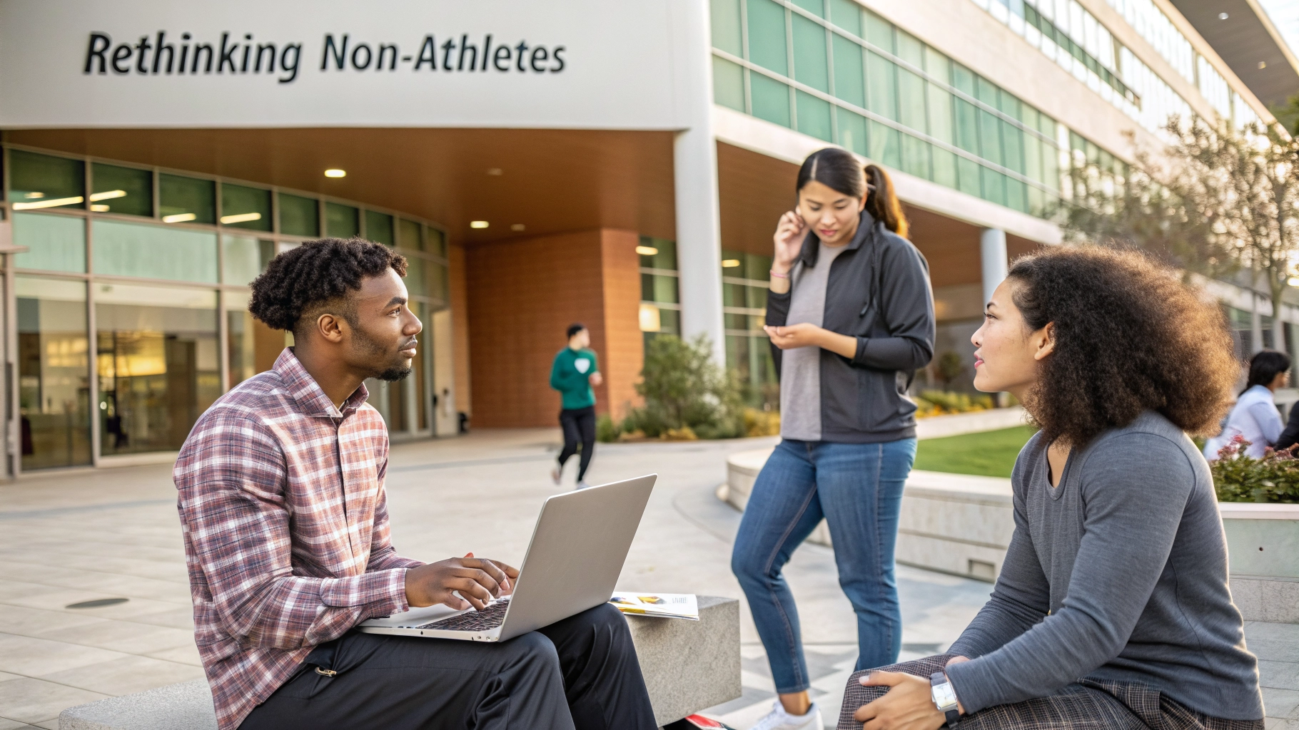 A diverse group of college students engaged in various non-athletic activities like coding, debating, and art, representing the 'non-athlete' student demographic.