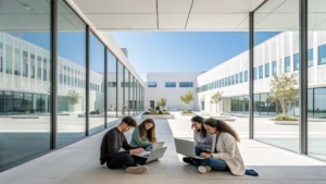 A modern, professional scene representing the new talent economy, featuring diverse young professionals in a sleek, ground-level collaborative workspace with large windows showing a clear, blue sky without any digital overlays or objects.